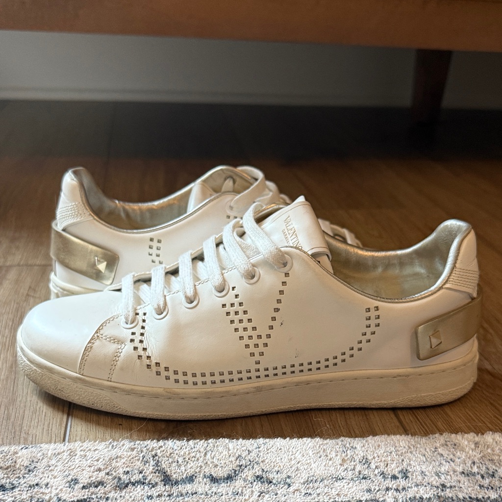 Valentino White And Gold Perforated Sneakers